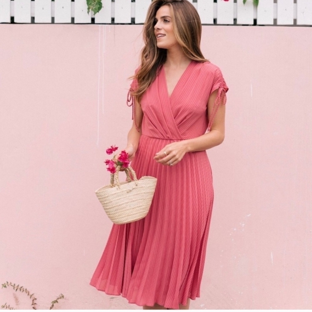 Gal Meets Glam Pink Pleated Wrap Midi Dress